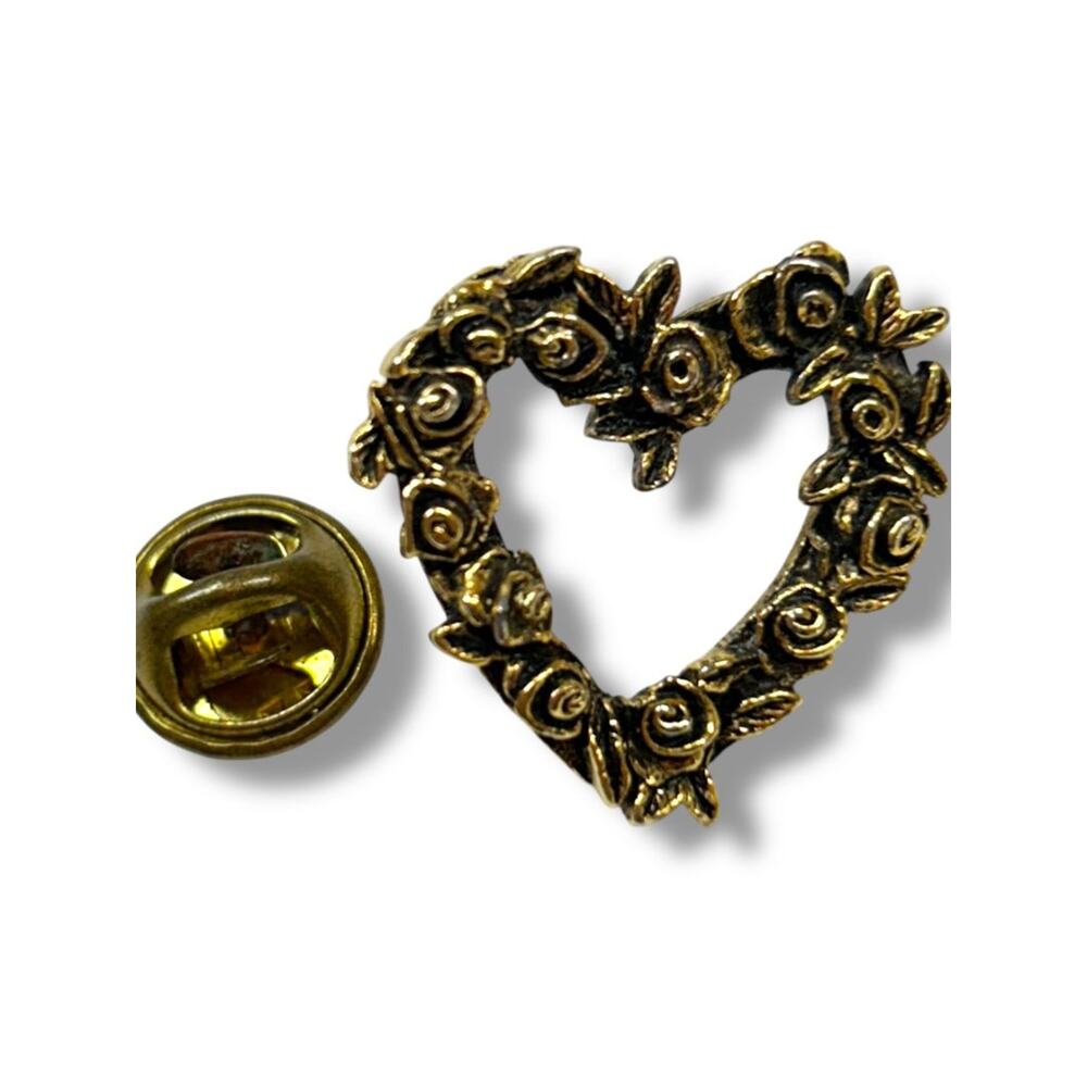 Signed CTA Open Heart and Roses Lapel Pin .8" Goldtone
